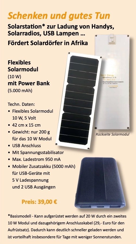 Lass' die Sonne in Dein Handy !! Solarstation mit 10w flexiblem Modul and 5000 mAh Stromspeicher